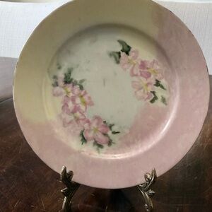 Vintge Plate 6 inch Hand Painted Pink Flowers Green Leaves Gold Rim